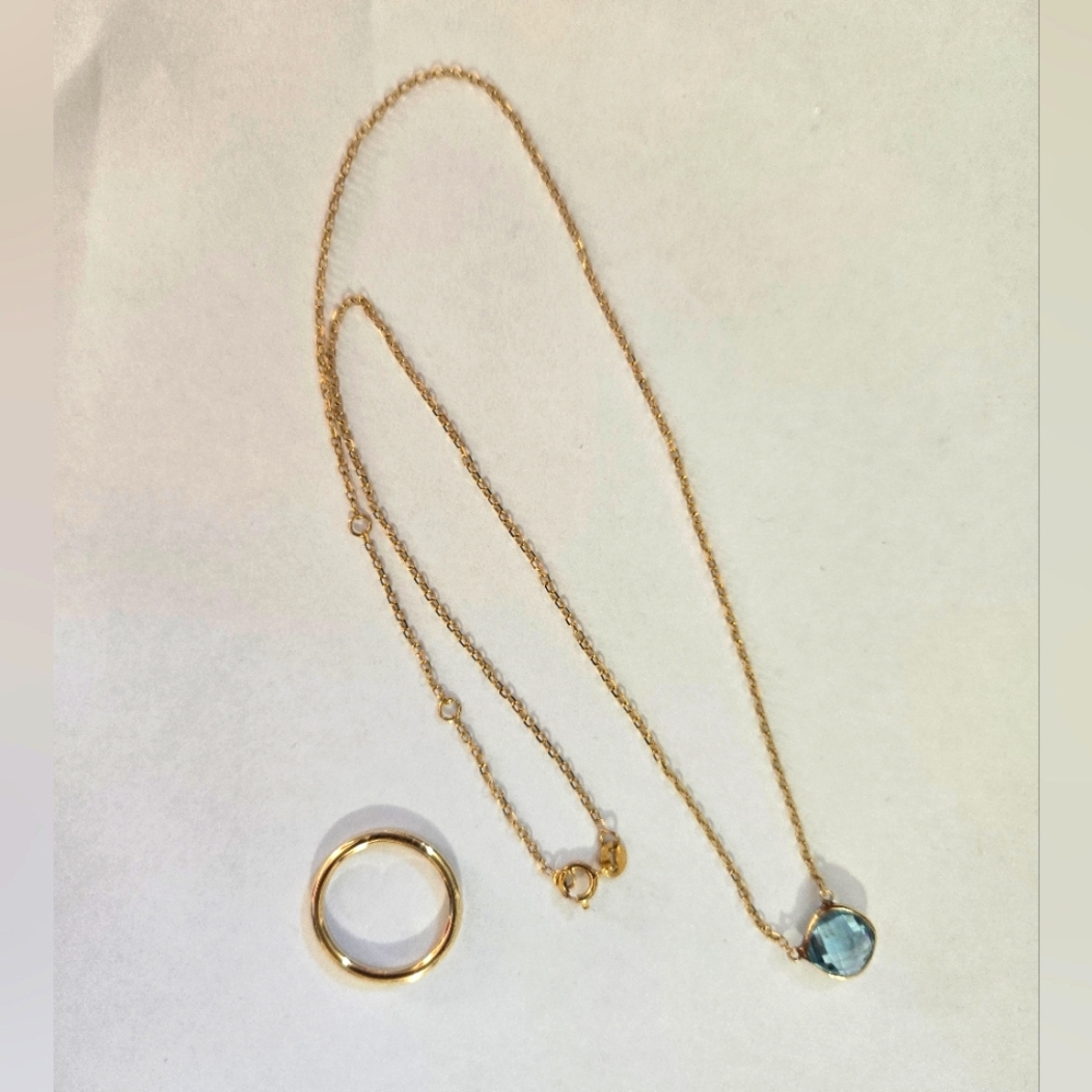 14k Solid Gold Blue Topaz Necklace And 10k Solid Gold Band Ring